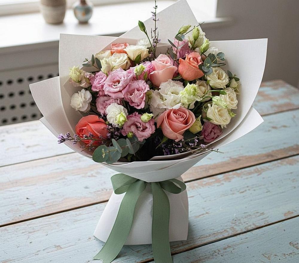 Букет цветов из: Розы, Лизиантусы и Гвоздики в Красноармейске Саратовской области