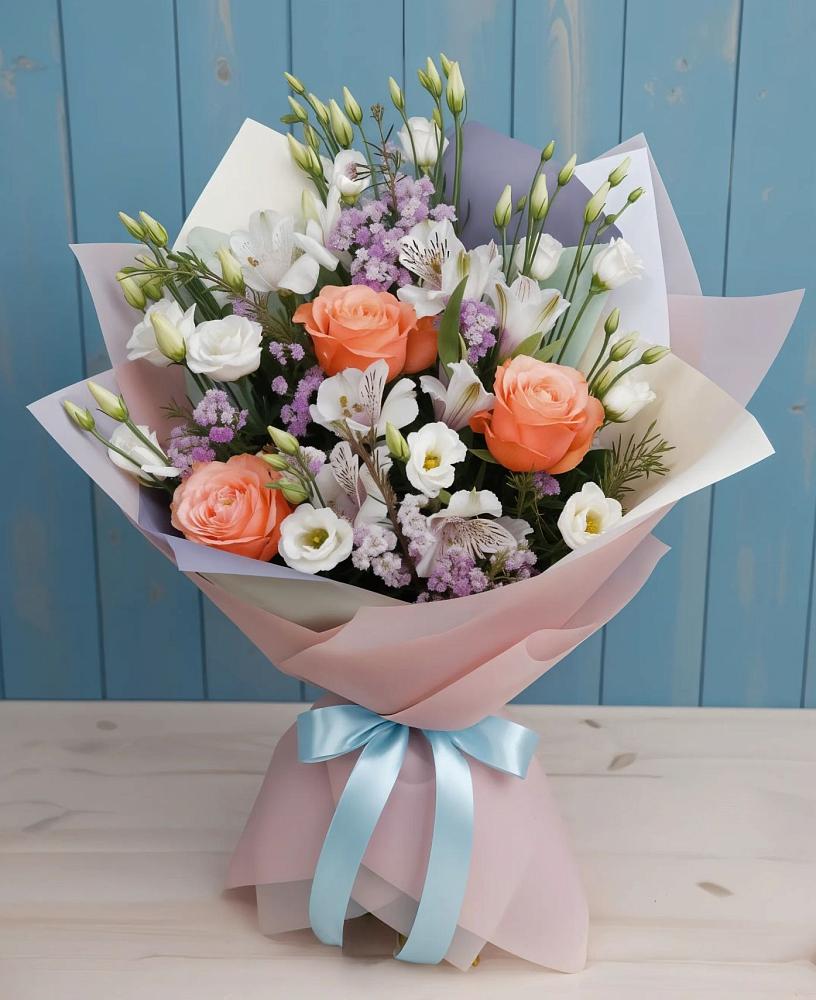Букет цветов из: Лизиантусы, Розы, Альстромерии и Гипсофила в Красноармейске Саратовской области