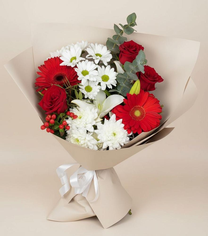 Букет цветов из: Розы, Хризантемы, Герберы и Лилии в Красноармейске Саратовской области